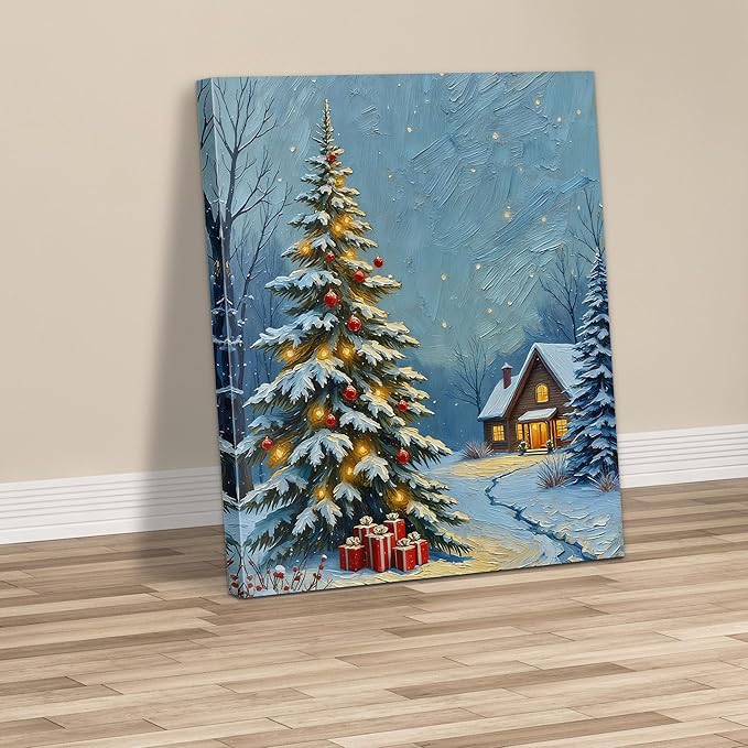 Framed Christmas Pictures Wall Decor,Vintage Pine Tree Prints,Winter Christmas Canvas Wall Art Decoration for Bedroom Bathroom Living Room Rustic Xmas Holiday Gifts (Christmas Tree 20, 12'' X 16'')