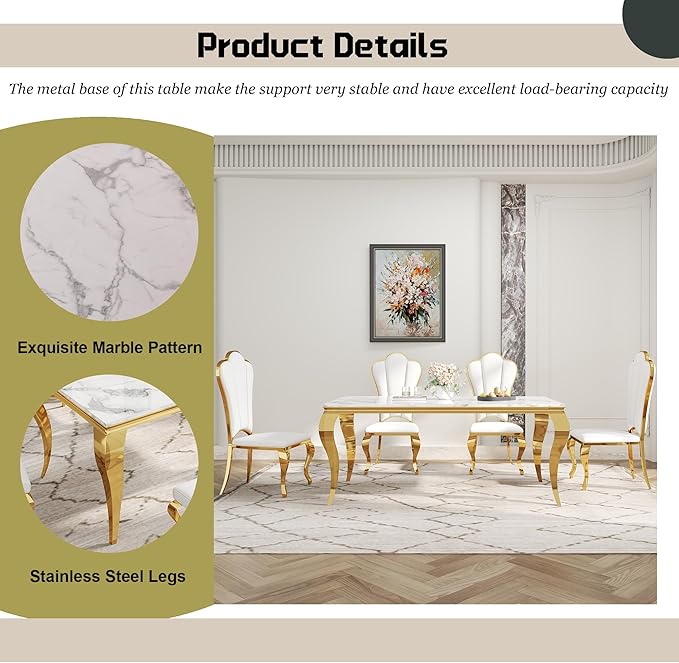 Dining Table Set for 6, 7-Piece Kitchen Table Chairs Set, Modern Dining Room Set with 70'' Marble Dinner Table and 6 Petaloid Backrest Upholstered Chairs for Kitchen, White & Gold