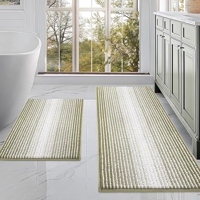 BSICPRO Bathroom Rugs and Mats Sets, 2 Piece Thick Absorbent Chenille Non Slip, Soft Shaggy Floor Mats, Machine Washable (Linden Green, 20" x 47" Plus 16" x 24")
