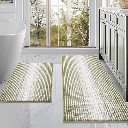 BSICPRO Bathroom Rugs and Mats Sets, 2 Piece Thick Absorbent Chenille Non Slip, Soft Shaggy Floor Mats, Machine Washable (Linden Green, 20" x 47" Plus 16" x 24")