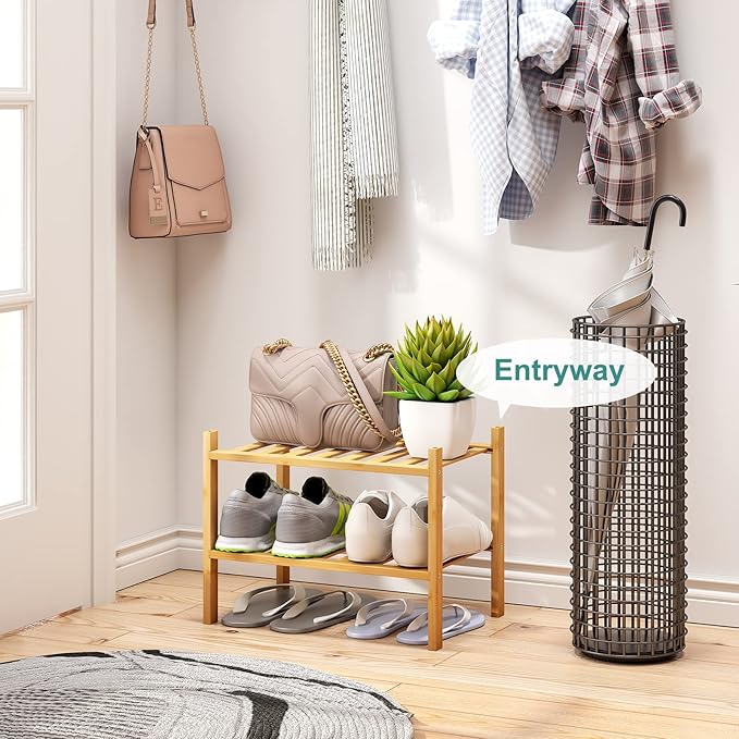 Small Shoe Rack, 2-Tier Shoe Rack for Entryway, Bamboo Wood Shoe Shelf for Closet & Hallway, Long 17.2IN | Beautiful | Functional | Sturdy | Durable