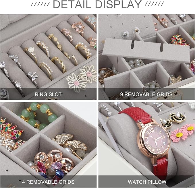 DesignSter Jewelry Box,Jewelry Organizer with 2 Drawers, 3 Layers Leather Jewelry Storage Box with Lock, Jewelry Storage Case for Necklaces Earrings Bracelets and Rings（Beige）