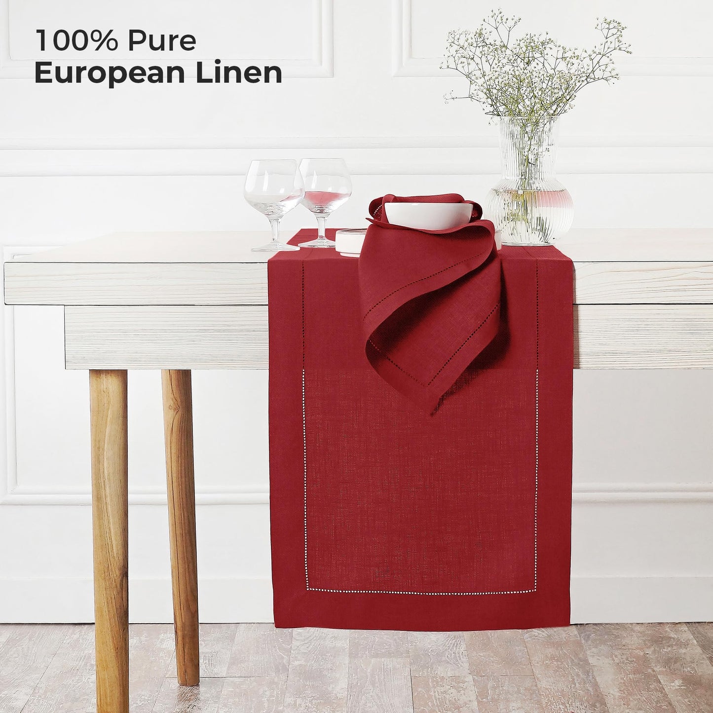 D'Moksha Homes Linen Red Table Runner 36 Inches - 100% Pure Linen Small Table Runner 14 x 36 Inch Ideal for Dresser, Coffee Tables, Fall and Halloween - Classic Hemstitch - Classic Hemstitch