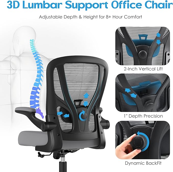 Office Chair Ergonomic Desk Chair - Mesh Computer Chair Breathable Task Chair with Wheels Adjustable Lumbar Support Home Desk Office Chairs with Flip up Armrest Executive Rolling Swivel Gray