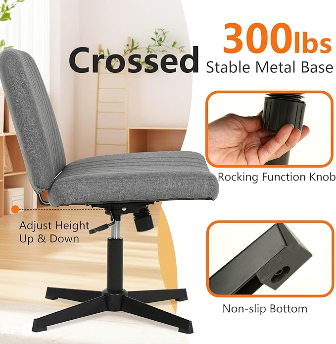 FDW Criss Cross Chair Armless Cross Legged Office Desk Chair Adjustable Swivel Ergonomic No Wheels U Shaped Backrest with Wide Seat Native Sponge Computer Task Vanity Chair for Home Office