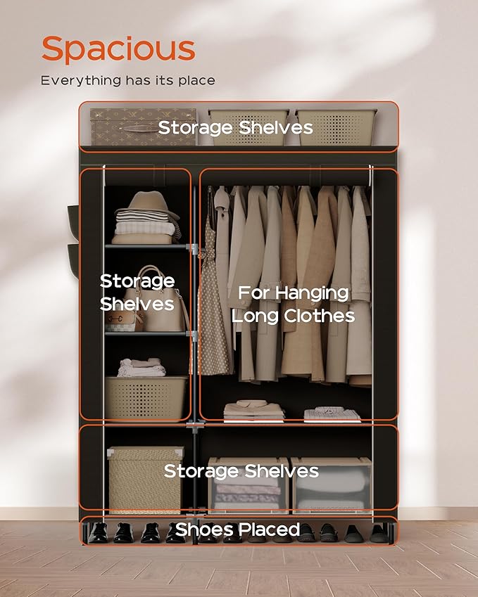 Portable Closet, 48 Inch Large Capacity Wardrobe Closet with Cover, Clothes Storage Organizer with Shelves and 1 Hanging Rod, Easy to Assembly, Black PCT221B01