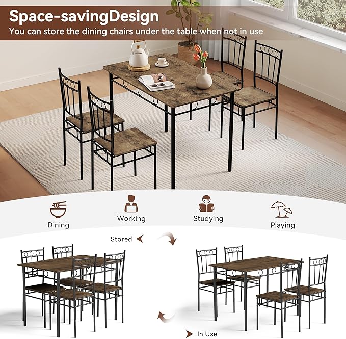 Kitchen Dining Table Set for 4, 5-Piece Kitchen Table Set,Dining Room Table Sets,Rectangular Kitchen Table Set with 4 Chairs for Small Space, Dinette,Apartment, Rustic Brown
