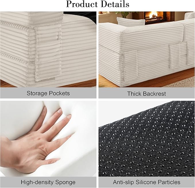 Sectional Boneless Couch Convertible Sofa Bed, 78'' Modular Sectional Sleeper Sofa with Removable Armrests & 3 Pillows, Small Floor Couch No Assembly Needed for Living Room, Office, Bedroom, Beige