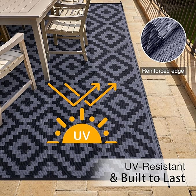 OLANLY Waterproof Outdoor Rug 8x10 ft, Outdoor Plastic Straw Rug for Camping, RV Mat Outside, Indoor Outdoor Carpet for Porch, Deck, Backyard, Balcony, Picnic, Black & Grey