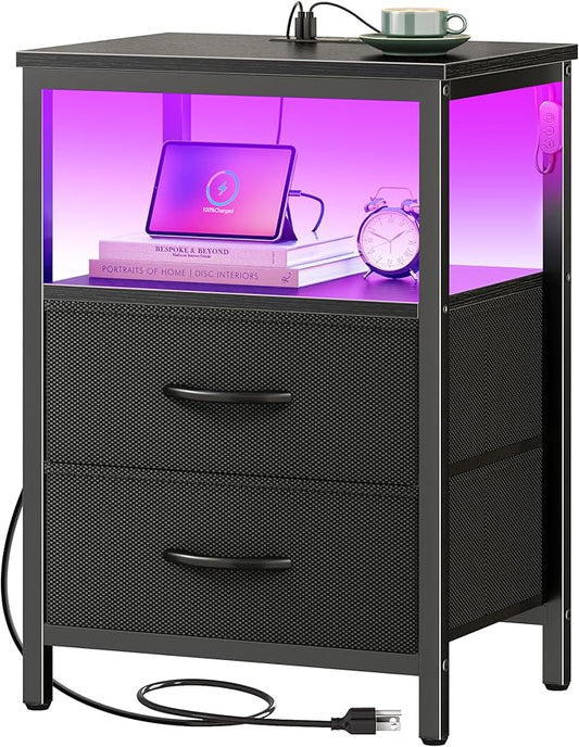Huuger Night Stand with Charger Station and LED Lights, 2 Drawer Nightstand, Bed Side Table with Open Shelf, End Table, Fabric Dresser for Bedroom, Black