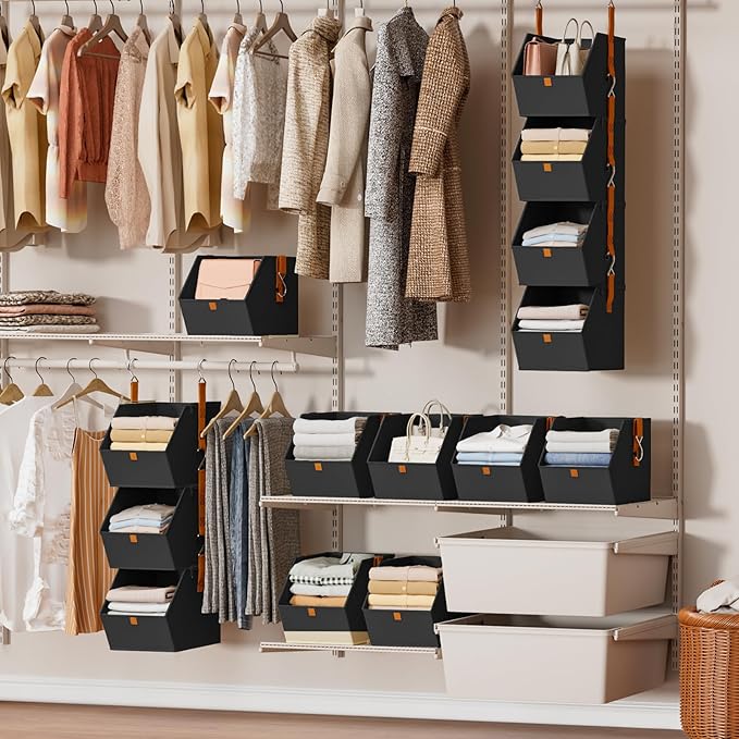 Hanging Closet Organizer 4 Tier - Clothes Hanging Shelves, Space-Saving Closet System, Fabric Storage Bins Bedroom Organization, Collapsible Baskets for Home, Dorm, Rv, Black