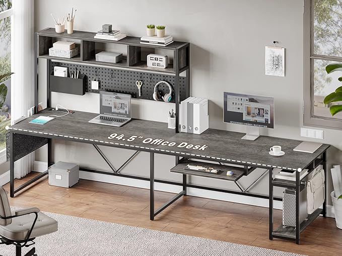 SEDETA L Shaped Desk, 94.5 Inch Home Office Desk with Power Outlet & Pegboard, L Shaped Gaming Desk with LED Light, Keyboard Tray, Storage Shelves and Headphone Hook for Home Office, Grey