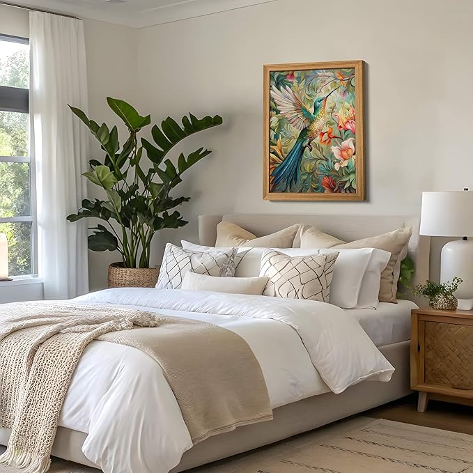 Framed Vintage 3D Textured Wall Art - Colorful Hummingbird Floral Wall Decor - Hand Painted Sandstone Nature Botanical Picture for Living Room Bedroom Home Decor 16x24 inch