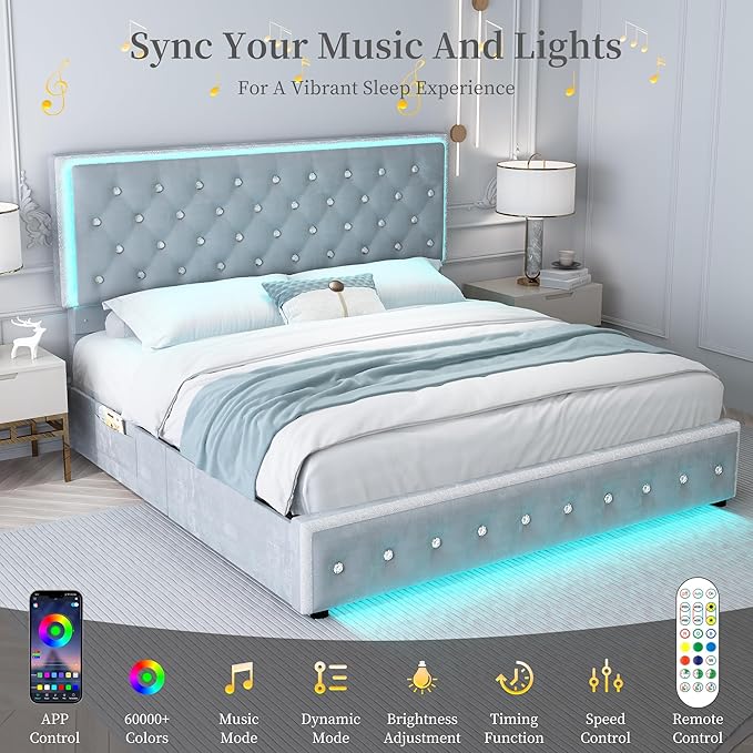 Full Led Bed Frame with 2 Drawers, Upholstered Platform Storage Bed Frames Full Size with Crystal Button Tufted Headboard Footboard, Solid Slats, Noise Free, No Box Spring Needed, Velvet Grey