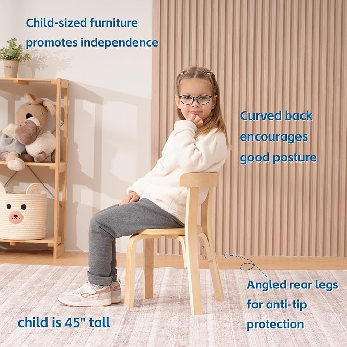 Swegrow Wooden Kids Chair, Toddler Chair for Table, Kids Stackable Chairs, Kid Wooden Furniture for Family/Playroom/Classroom（Set of 4-Natural Wood）