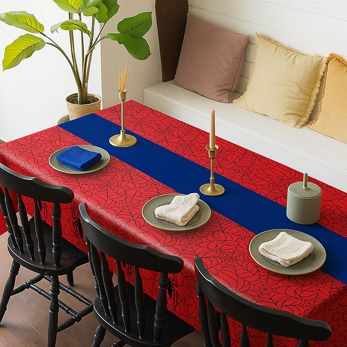 16Pcs 2in1 Spider Birthday Party Decorations Tablecloth, 54" x 108" Super Hero Table Cloth Disposable Rectangle Plastic Table Cover for Kids Baby Shower Wedding Party Supplies