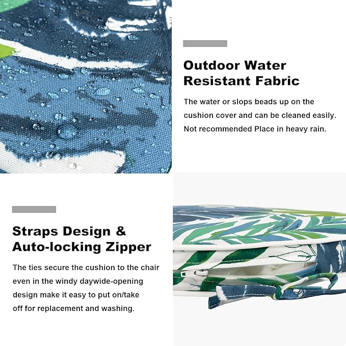 Set of 2 Outdoor Chair Cushions 19"x19"x2",Water Repellent Patio Seat Cushion with Ties and Removable Covers,Dining Chair Cushions for Indoor Kitchen and Patio Furniture,Islamorada Blue Green