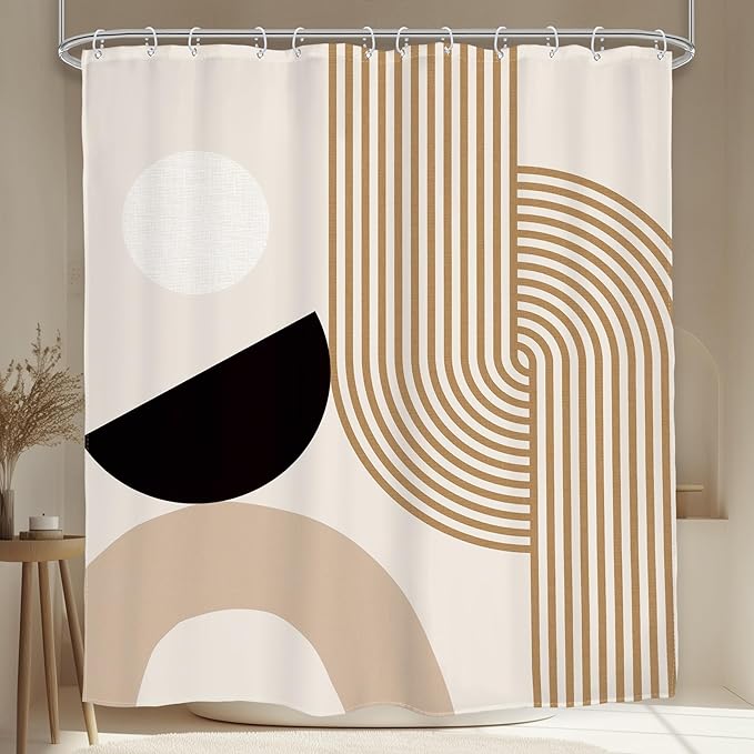Glawry Mid Century Boho Shower Curtain Abstract Beige Stripe Geometry Arch Simple Minimalist Geometric Bathroom Modern Aesthetic 60Wx72L Inches Bath Accessories Art Home Decor Fabric 12 Pack Hook