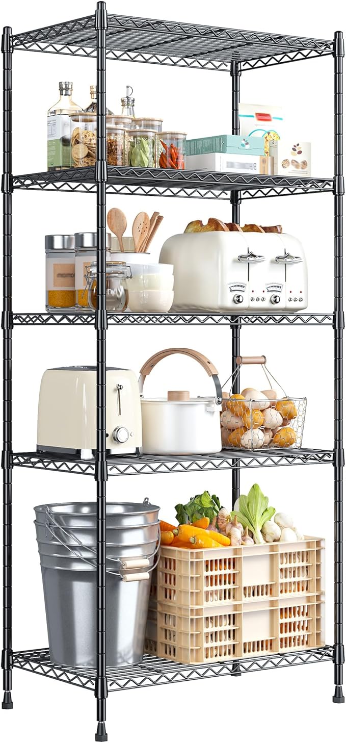 5 Tier Storage Shelves 1010LBS Wire Shelving Unit Adjustable Metal Shelving Pantry Shelves Sturdy Steel Commercial Shelf for Kitchen Pantry Closet Laundry School,13.6" D x 21.5" W x 59.4" H