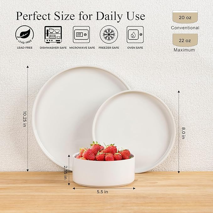 LERATIO Ceramic Dinnerware Sets for 4,Plates and Bowls Sets,Handmade Reactive Glaze Dishes Set,Scratch Resistant | Oven&Dishwasher & Microwave Safe,Service for 4-White