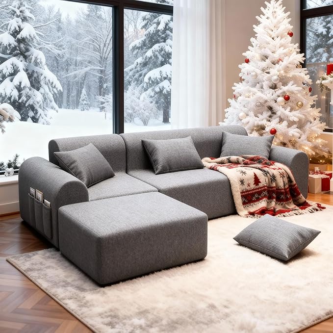 105.5” Cloud Boneless Sectional Sofa for Living Room, L-Shaped 4-Seater Modular Couch with Ottoman & 4 Pillows, Deep Seat Chenille Fabric Sofa, No Assembly, 72H Full Restore, Light Grey