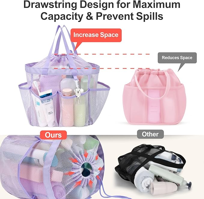 F-color Mesh Shower Caddy Portable with Drawstring - Upgrade Deeper 7 Pockets Dorm Room Essentials for Guys Girls with S Hook, Shower Bag Basket Tote for College Camping Toiletry Bathroom, Purple