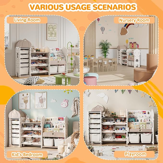 Kids Toy Storage Organizer with 13 Removable Bins, 4-Tier Bookshelf for Kids, Multi-Purpose Castle-Shaped Toy Organizer for Playroom, Bedroom, Nursery, Living Room (Cream)