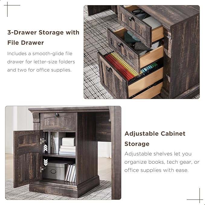 OKD 60" L Shaped Executive Desk with Hutch and Drawers, Farmhouse Home Office Desk with Charging Station, File Cabinet Storage, Wood Corner Computer Desk for Work and Study, Dark Rustic Oak