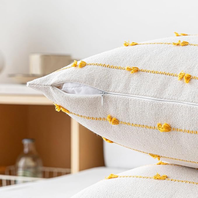 Boho Throw Pillow Covers 20x20 Set of 2 Modern Farmhouse Decorative Cushion Case Tufted Linen Square Pillows Cover Neutral Pillow Cases Accent Pillowcase for Sofa,Couch,Bed,Beige and Yellow