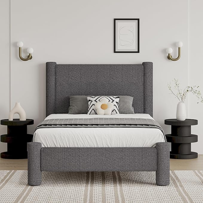 Twin Size Bed Frame, Boucle Upholstered Platform Bed with Headboard and Footboard, Soft Rounded Corners, No Box Spring Required, Easy Assembly, Dark Grey