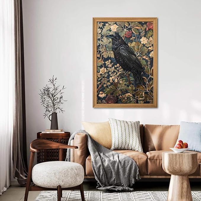 Framed 3D Textured Vintage Wall Art - Dark Academia Decor Hand Drawn Sandstone Black Crow Paintings with Botanical Florals, Aesthetic Wall Decor for Living Room Bedroom Home 24x36 inch
