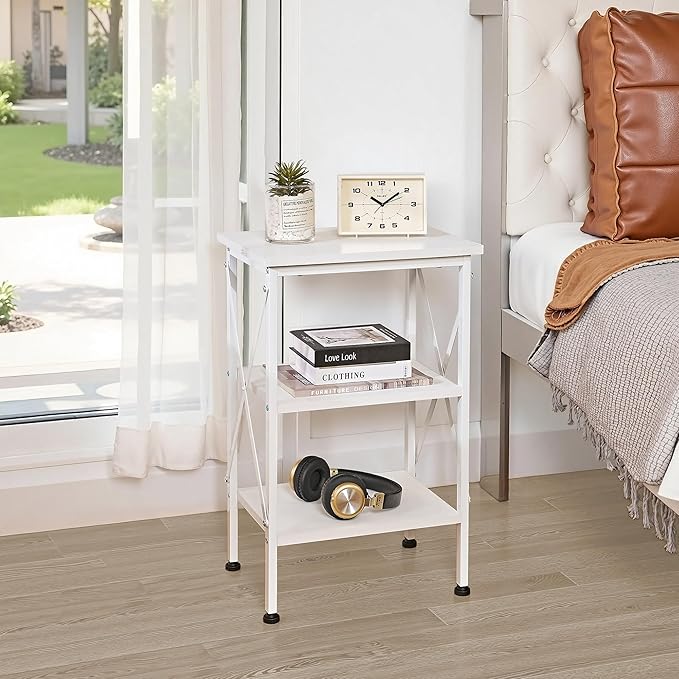 VECELO End Table, Bedside Table, 24" Tall Living Room End Tables, X-Design Reinforced Nightstands, Side Table with 3-Tier Storage Shelves for Small Spaces, Office, Bathroom, Bedroom, Pearl White