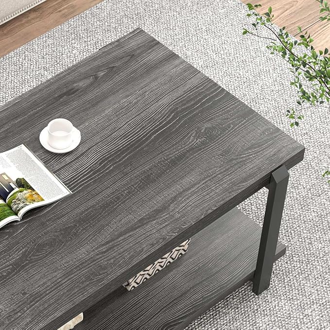 FOLUBAN Modern Coffee Table, Rustic Wood Center Table with Storage for Living Room, Dark Gray