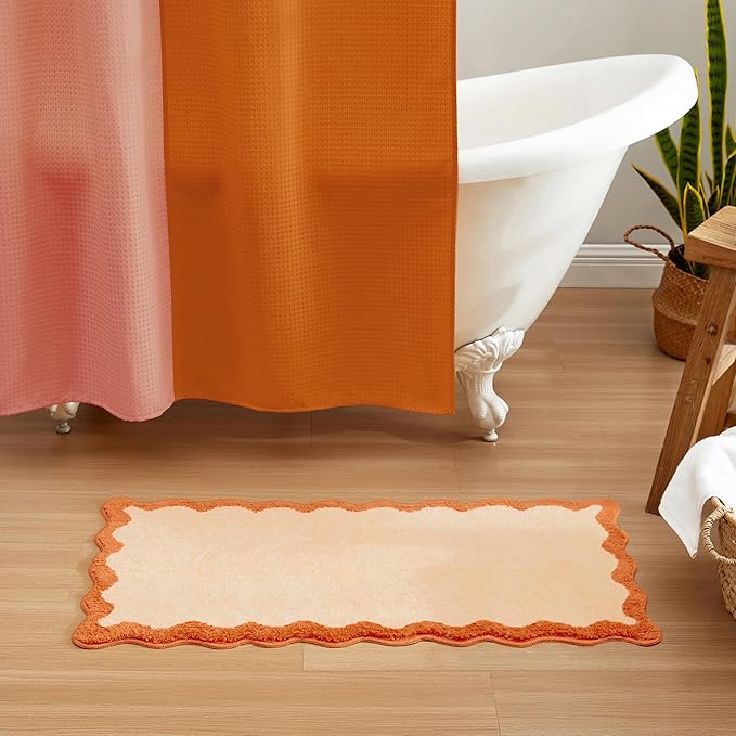 MONDAY MOOSE Bath Mat with Scalloped Wavy Ripple Design, Microfiber Absorbent Non Slip Tufted Rug for Floor, Shower or Kitchen (24x47 inch, Orange)
