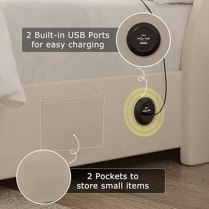 VECELO Full Size Bed Frame with Storage Drawers, Upholstered Platform Bedframe with Wingback Headboard, No Box Spring Needed, Beige