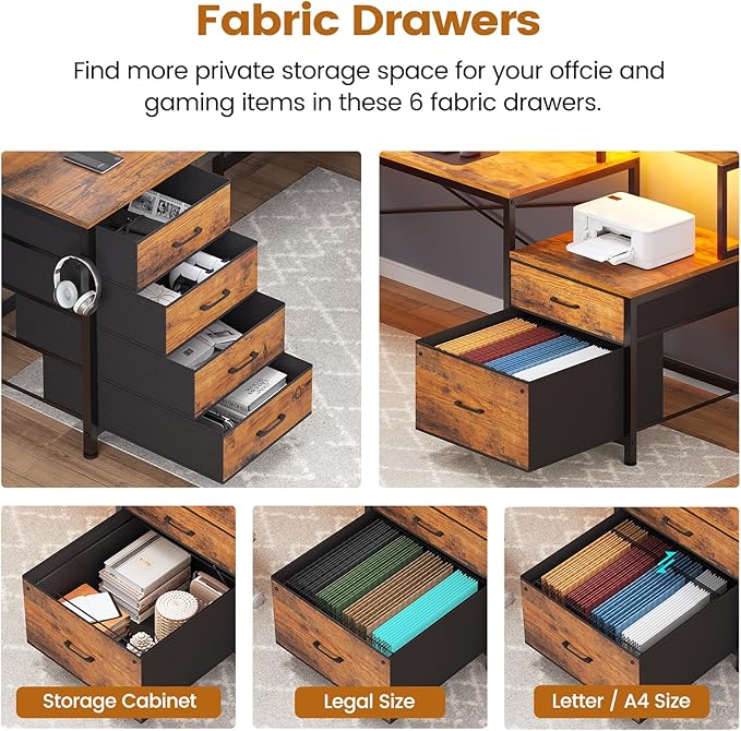 SEDETA L Shaped Desk with 6 Drawer, 108" Home Office Desk with File Drawer & Power Outlet, Corner Computer Desk with Monitor Shelf, Two Person Desk, Gaming Desk with Led Lights, Rustic Brown