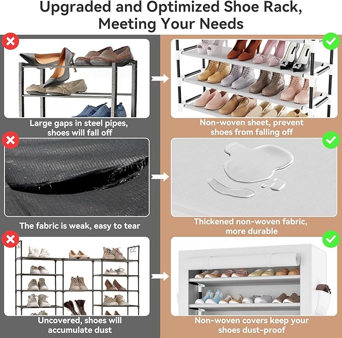 Shoe Rack with Covers 10 Tier Tall Shoe Rack Organizer Large Capacity Shoe Shelf Storage 40 Pairs Space Saving Free Standing Shoe Storage Organizer for Closet, Entryway, Dorm, White
