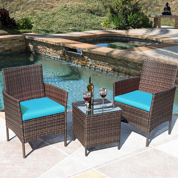 Greesum 3 Pieces Patio Furniture Sets Outdoor PE Rattan Wicker Chairs with Soft Cushion and Glass Coffee Table for Garden Backyard Porch Poolside, Brown and Blue