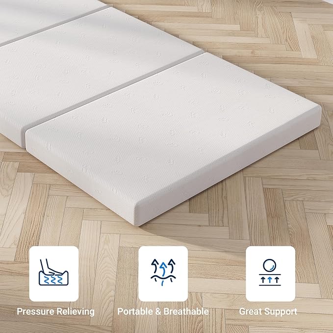 Avenco Tri-fold Mattress - 4 Inch Single Size Portable Floor Mattress with Breathable & Washable Cover | Foldable Memory Foam Topper for Guest Room,RV,Travel,Camping,White