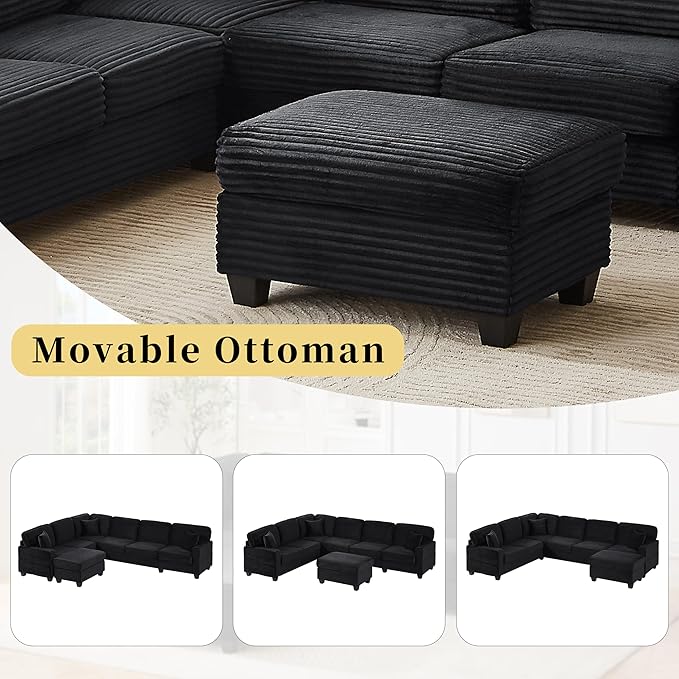 125.2" Sectional Sofa U-Shaped Upholstered Sofa L-Shaped Couch with a Movable Ottoman and Side Storage Pockets for Living Room, Black