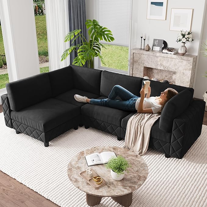 134" Modular Sectional Sofa, 4-Seat Cloud Couch with High-Density Cushions, L-Shaped Velvet Upholstered Sofa for Living Room and Apartment, Black