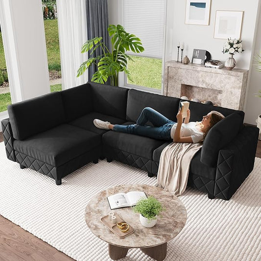 134" Modular Sectional Sofa, 4-Seat Cloud Couch with High-Density Cushions, L-Shaped Velvet Upholstered Sofa for Living Room and Apartment, Black