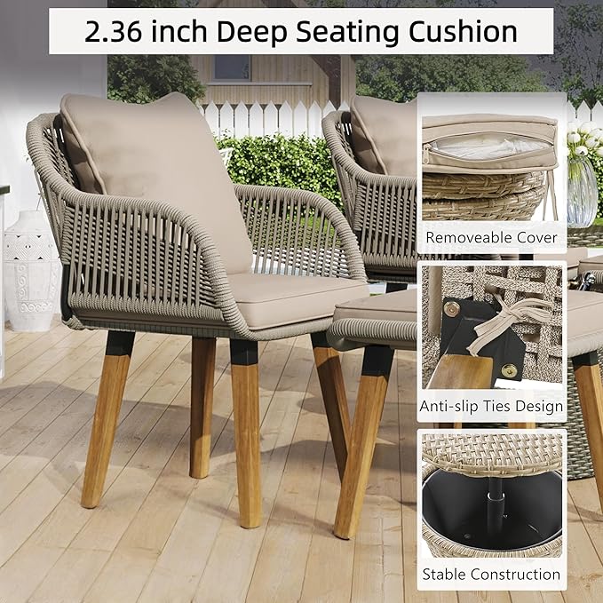 5-Piece Patio Conversation Sofa Set, Rope-Woven Furniture Set with Rattan Cool Coffee Table, Outdoor Furniture Setwith 2 Footstools for Garden, Backyard, Balcony, Brown