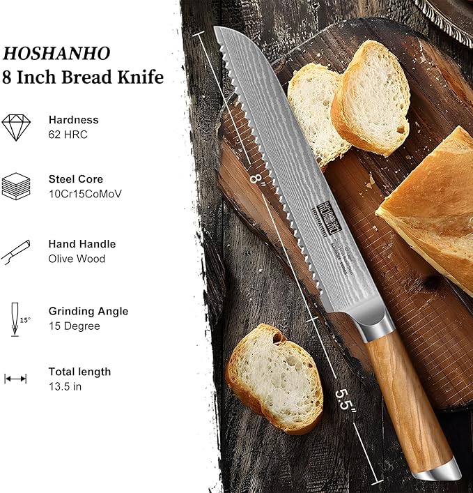 Bread Knife 8 Inch, Damascus Steel Bread Kitchen Knife with Ergonomic Olive Wood Handle, Professional Ultra-Sharp Serrated Knife for Homemade Bread, Sourdough Bread Cutting