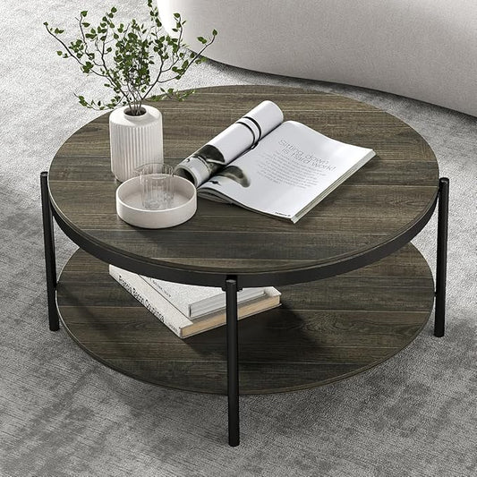 Manora Round Coffee Table with Storage Shelf, Rustic Wood Center Table with Black Metal Frame, Modern Circle Living Room Table for Small Spaces (Gray)
