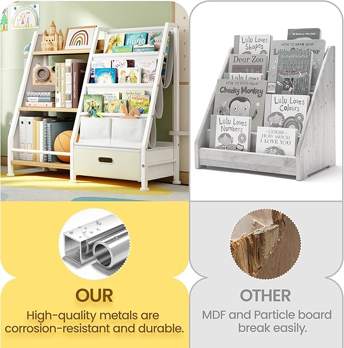 Kids Bookshelf and Toy Storage Organizer: Book Shelf for Kids Room with Drawer to Store Books and Toys Organizer - 3 Tier Toddler Bookshelf with 3 Side Pockets for Nursery, Bedroom (Burlywood)