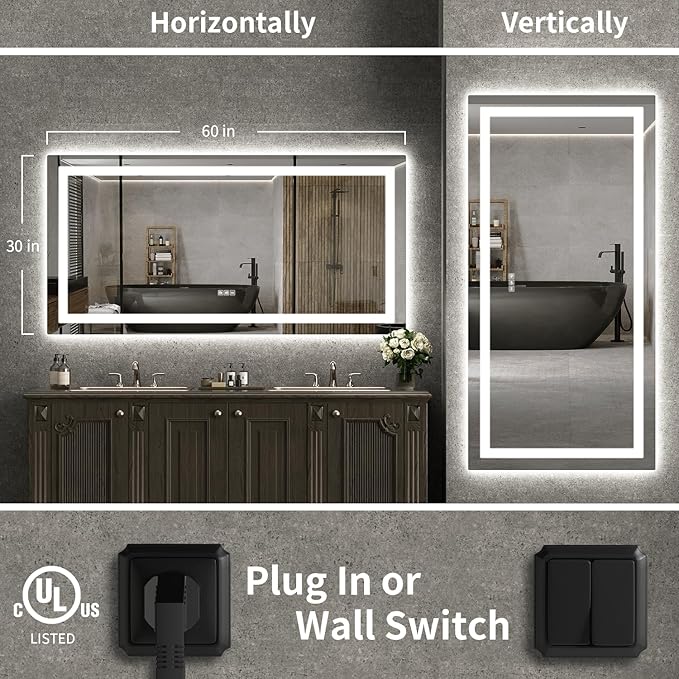 LED Mirror for Bathroom, 60x30 Inch Backlit + Front Lighted Bathroom Vanity Mirror with Lights for Wall, Double Light Strips, 3 Colors, Shatter-Proof, Anti-Fog and Brightness Memory