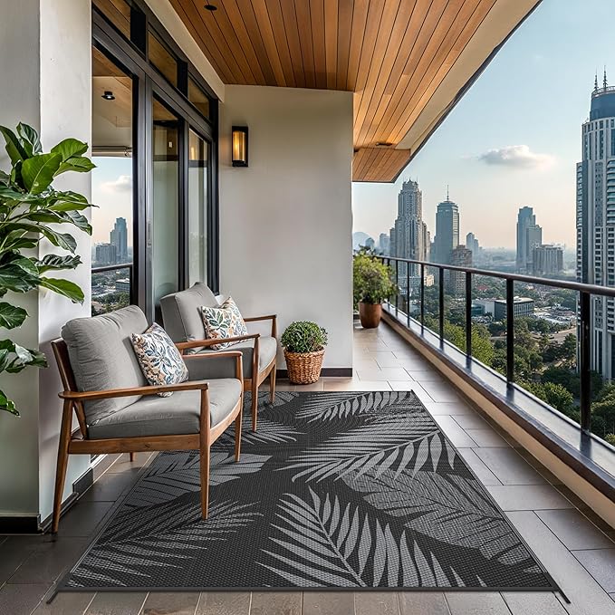 GENIMO Outdoor Rug 9' x 12' Waterproof for Patios Clearance, Reversible Outdoor Plastic Straw Camping Rug Carpet, Large Area Rugs Mats for RV, Camper, Deck, Balcony, Porch, Beach, Picnic, Black&Grey