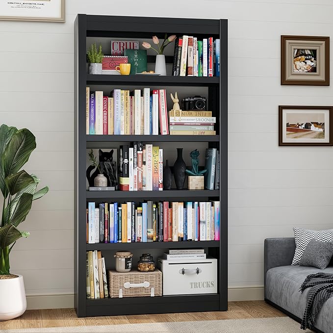 61" Metal Bookshelf and Bookcase | 5-Tier Adjustable Shelves, Deep Modern Storage Shelf for Living Room, Office, Bedroom (Black)