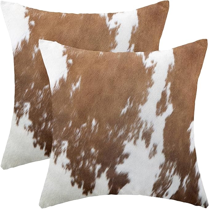 BETGINY Cow Print Pillow Covers 18X18 Inch Pack of 2, Western Brown Cowhide Throw Pillow Covers Square Cushion Farmhouse Animal Cow Print Pillow Cases for Bedroom Living Room Home Sofa Patio Outdoor